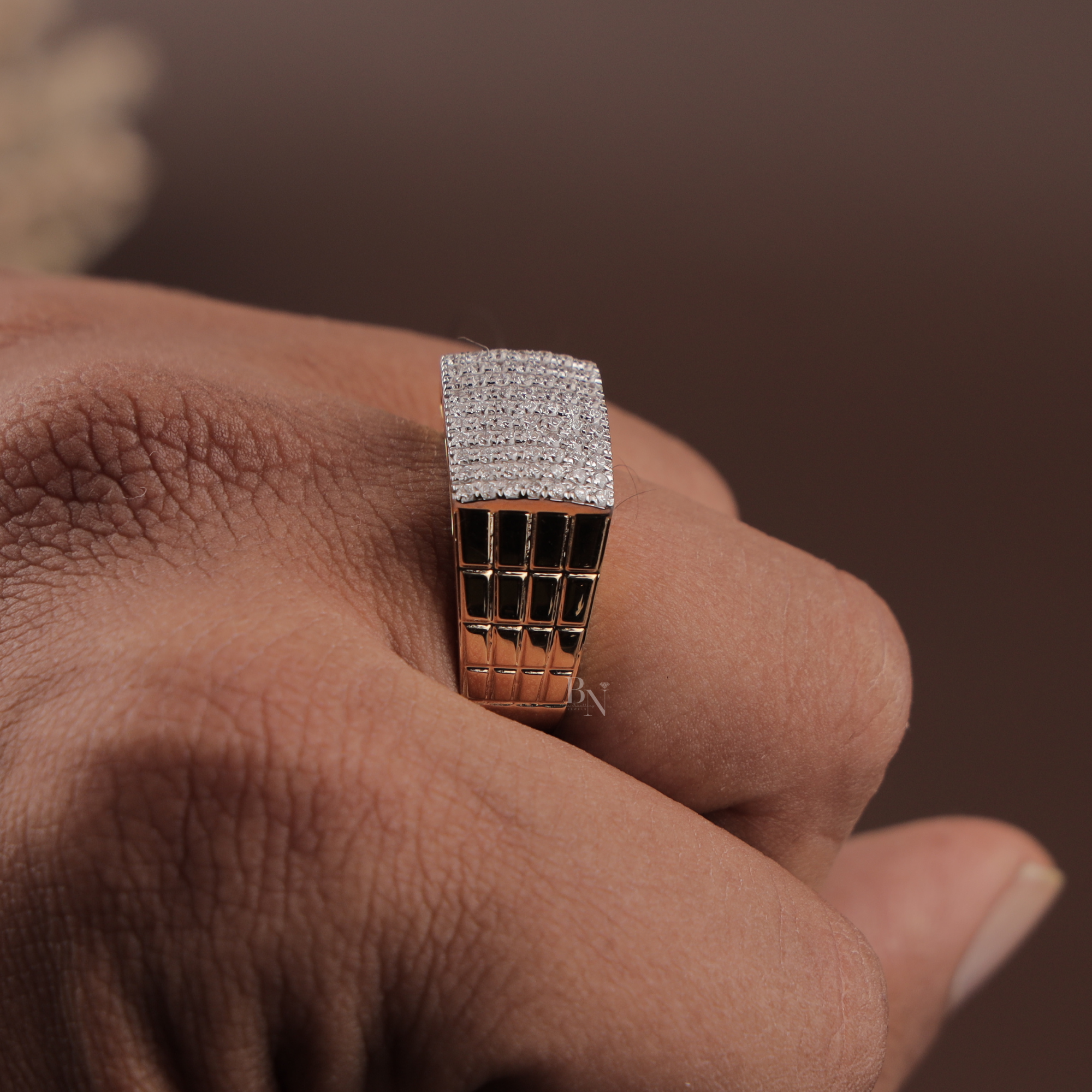 1.00ctw Men's Lab Grown Diamond Signet Ring | 14K Yellow Gold Grid Band | Pave Brick Statement Ring | IGI Certified | Bold Masculine Jewelry