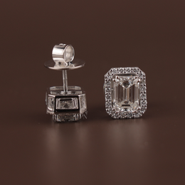 3ct Emerald Cut Lab Grown Diamond Stud Earrings | 2-in-1 Convertible Halo 14K White Gold