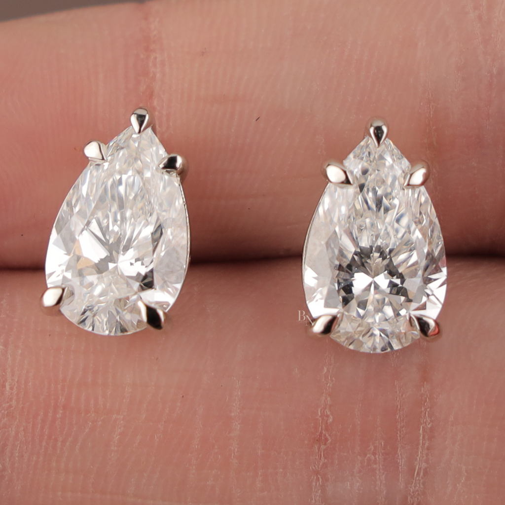 Pear Lab Grown Diamond Stud Earrings | 14K White Gold Solitaire | IGI Certified Pear Cut Diamonds | Minimalist Fine Bridal Jewelry Gift