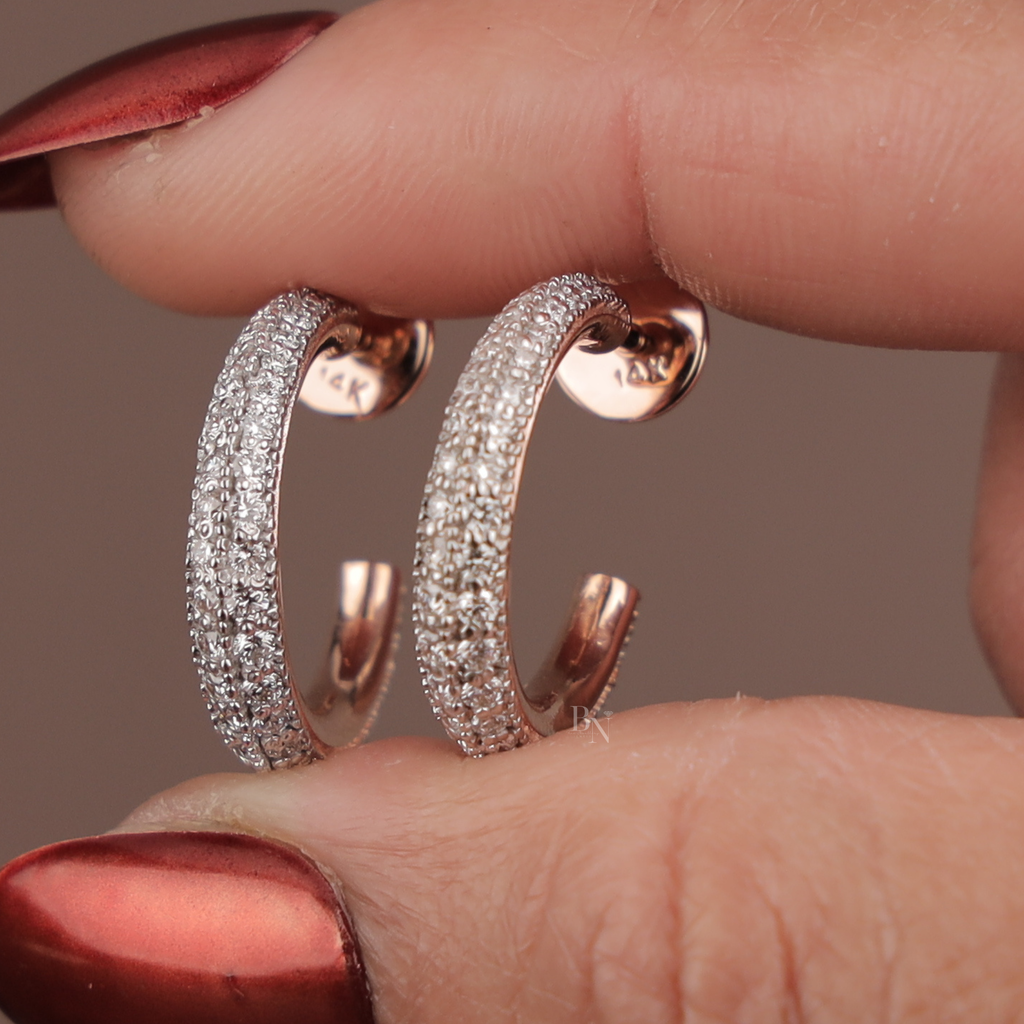 Diamond Hoop Earrings | 14K Rose Gold Pave C-Hoops | Secure Screw Back Diamond Studs | Micro Pave Bridal Jewelry | Anniversary Gift