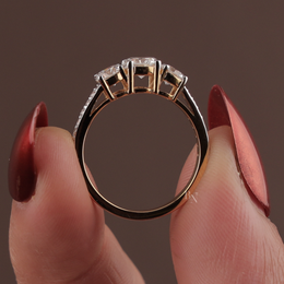 1.25ctw Round Lab Grown Diamond Three Stone Engagement Ring | Pavé Trilogy Band 14K Yellow Gold