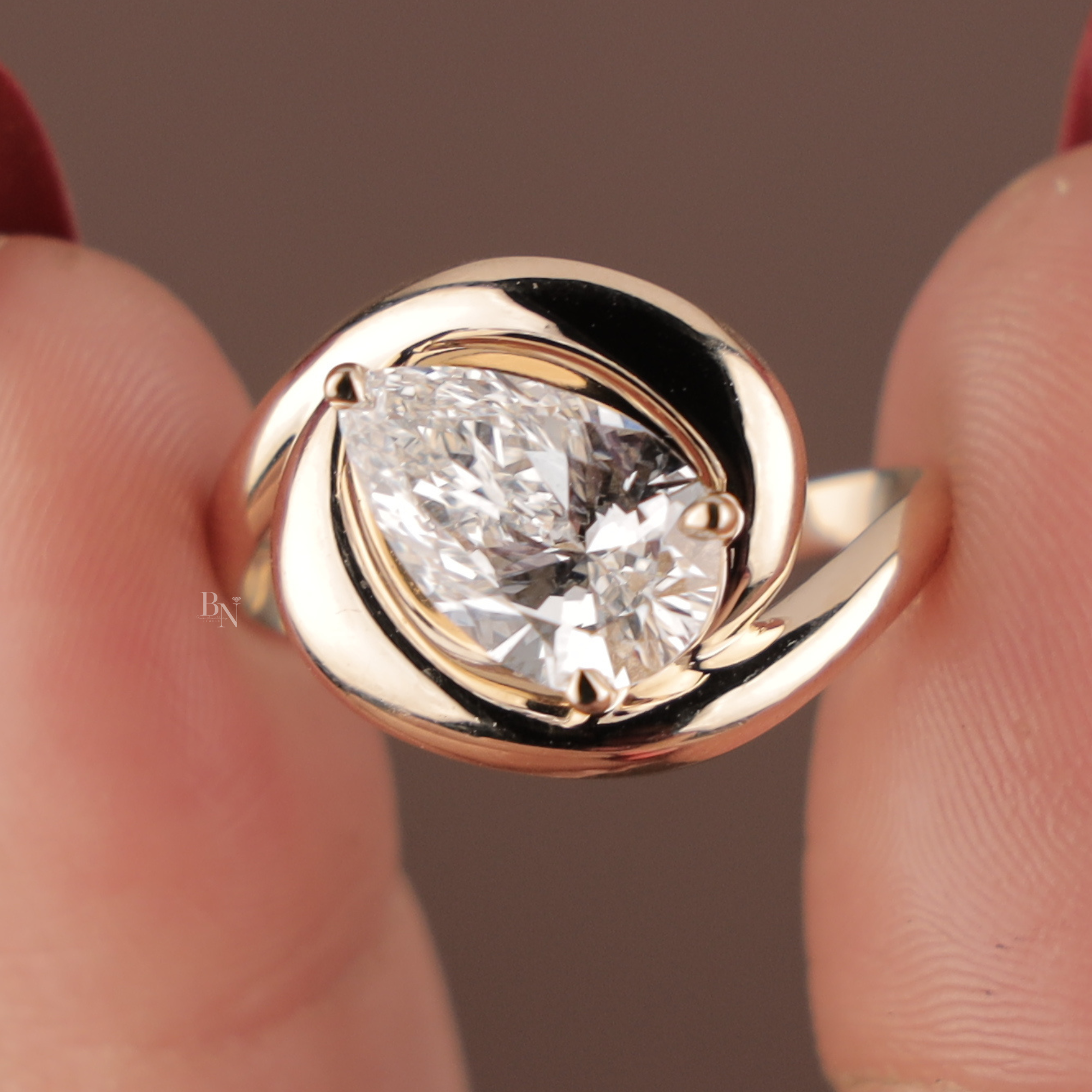 3ct Pear Cut Lab Grown Diamond Engagement Ring | Solid 14k Gold Unique Swirl Bypass Setting | Modern Teardrop Solitaire | Bridal Jewelry