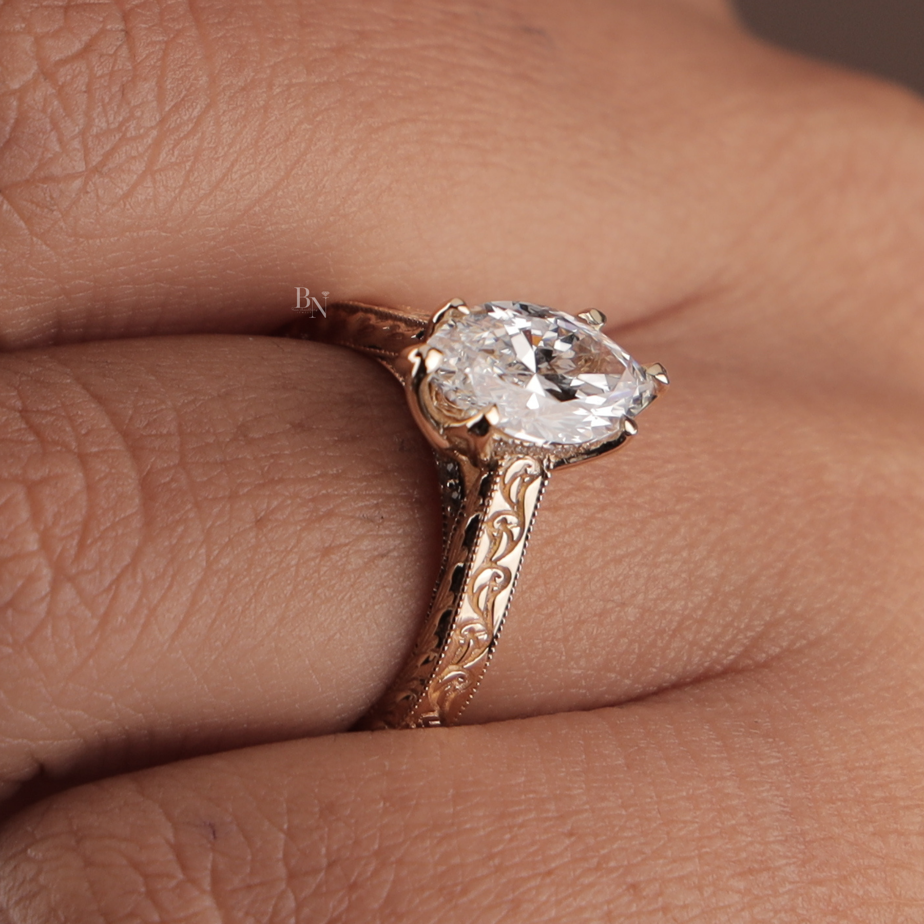 2ct Marquise Lab Grown Diamond Engagement Ring | Vintage Deco Filigree Hidden Halo 14K Rose Gold