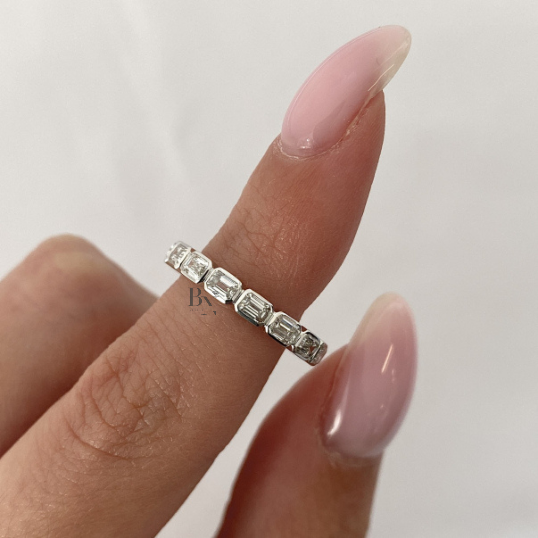 East West Bezel Set Eternity Band, 1.40CT Lab Diamond Wedding Ring, Horizontal Emerald Cut Band