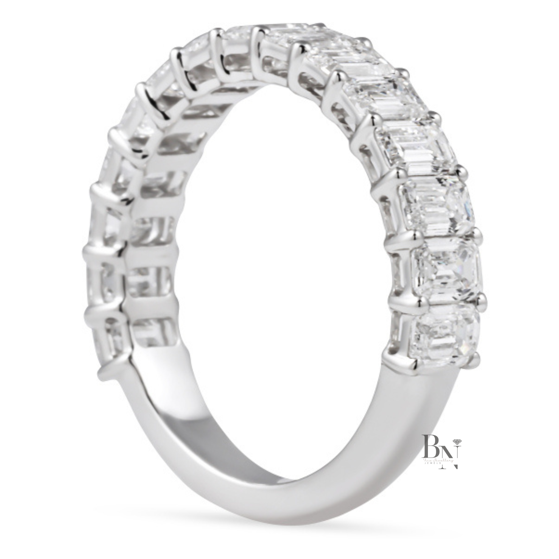 2CTW Emerald Cut Lab Diamond Wedding Band, 3/4 Eternity Airline Basket Ring, 4.1mm Anniversary Band