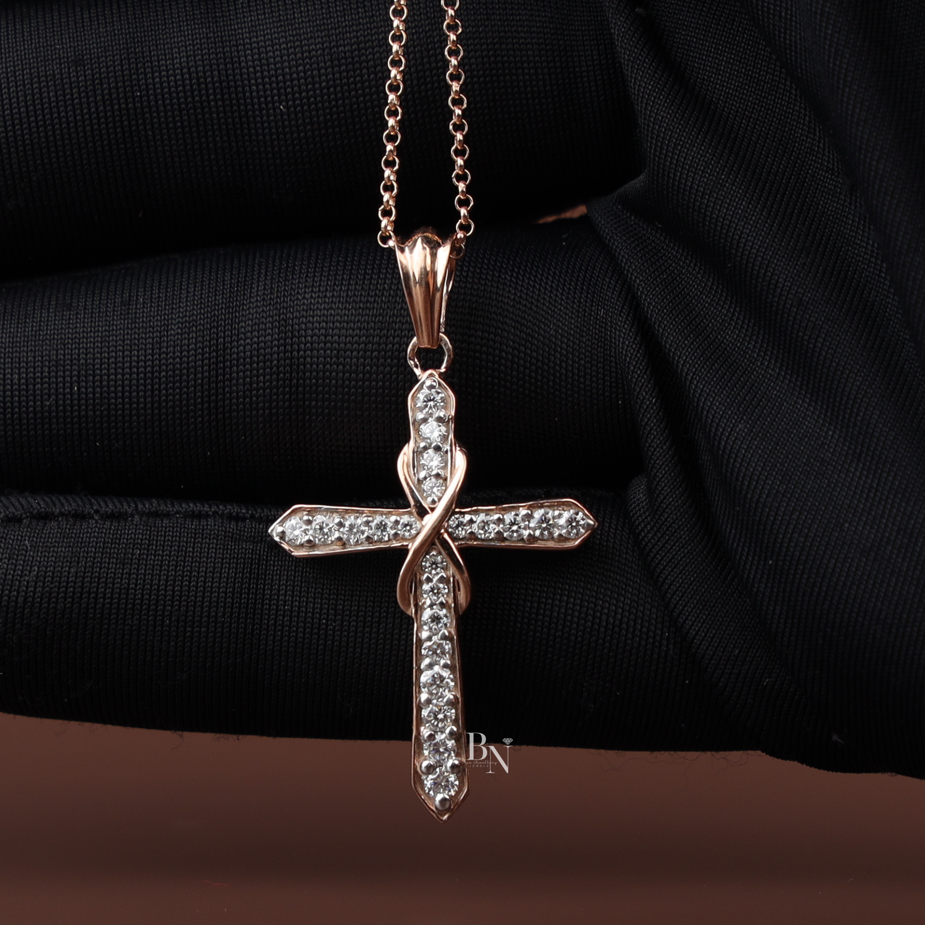 Lab Grown Diamond Cross Necklace, Dainty Rose Gold Cross Pendant, Round Cut Pave Diamond