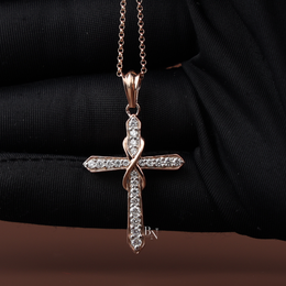 Lab Grown Diamond Cross Necklace, Dainty Rose Gold Cross Pendant, Round Cut Pave Diamond