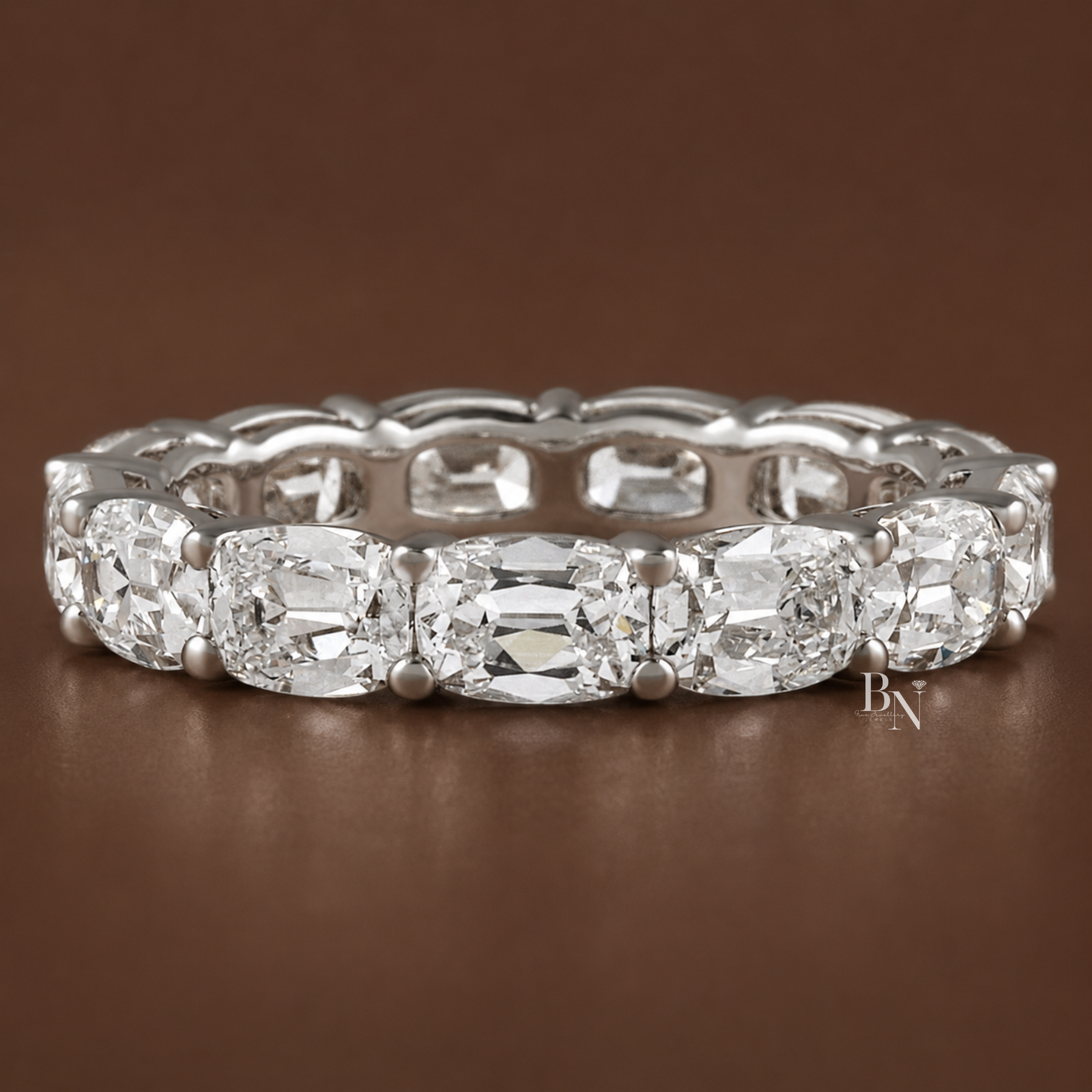 East West Antique Cushion Eternity Band, 4.10CT Lab Diamond Wedding Ring, Horizontal Shared Prong Band