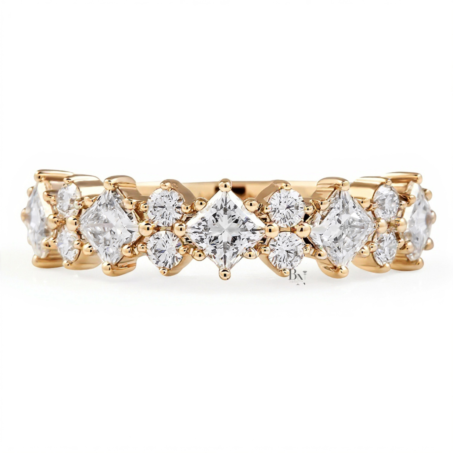 Princess Cut Lab Diamond Wedding Band, Alternating Compass Set Ring, 1.4CTW Halfway Pave Band, 5.3mm Wide