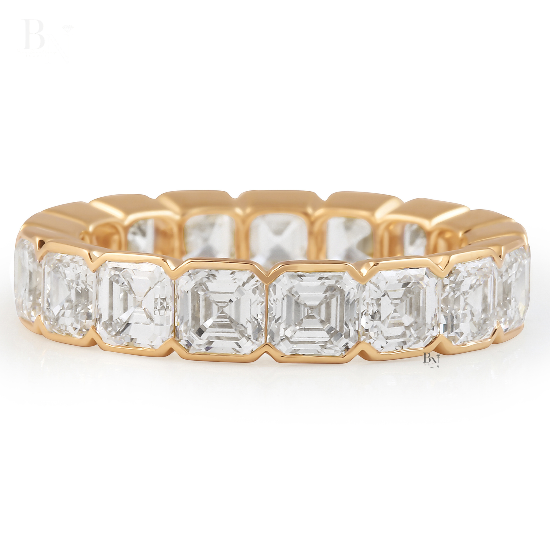Asscher Cut Lab Diamond Eternity Band, 5.30 CTW Bezel Set Wedding Ring, 14K Gold