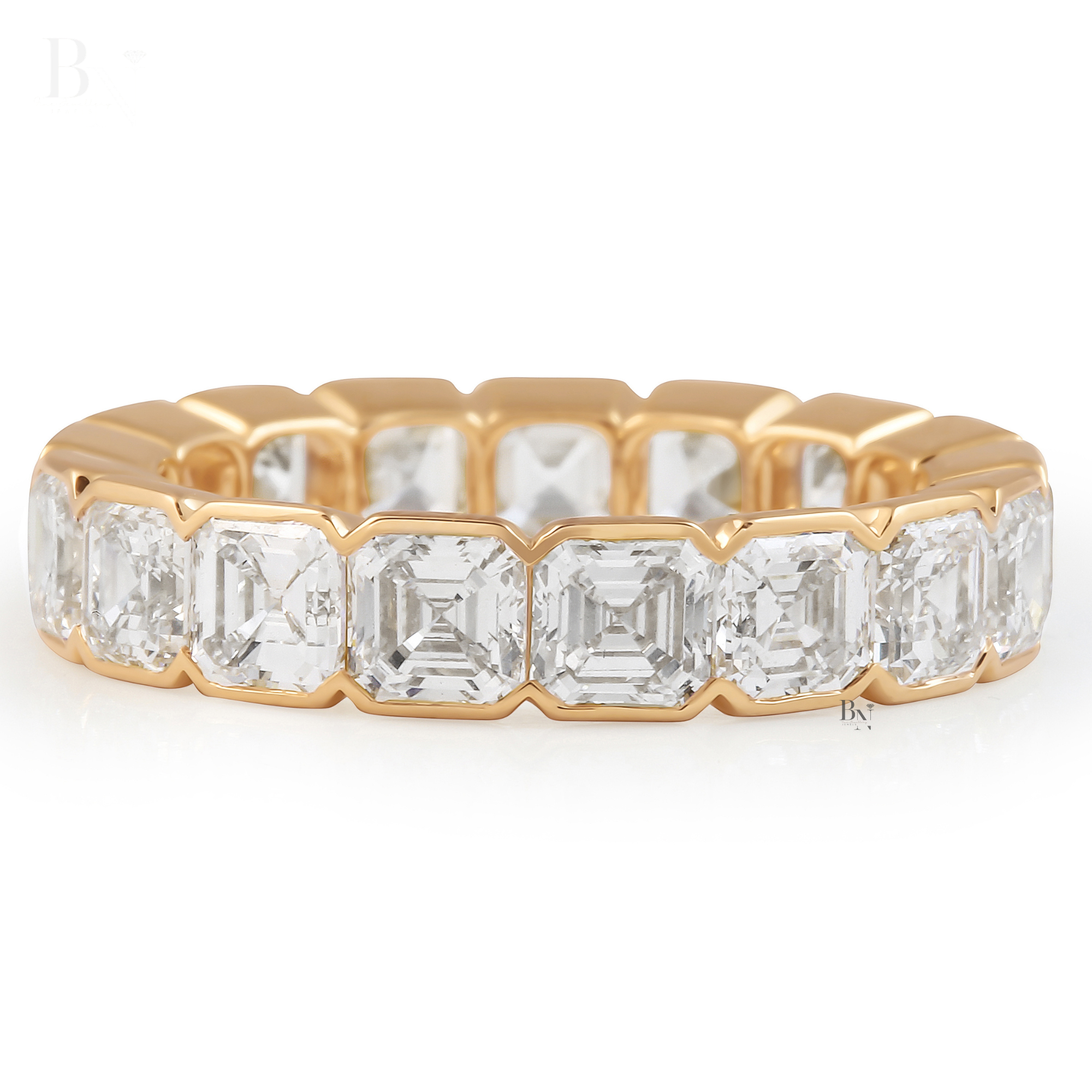 Asscher Cut Lab Diamond Eternity Band, 5.30 CTW Bezel Set Wedding Ring, 14K Gold