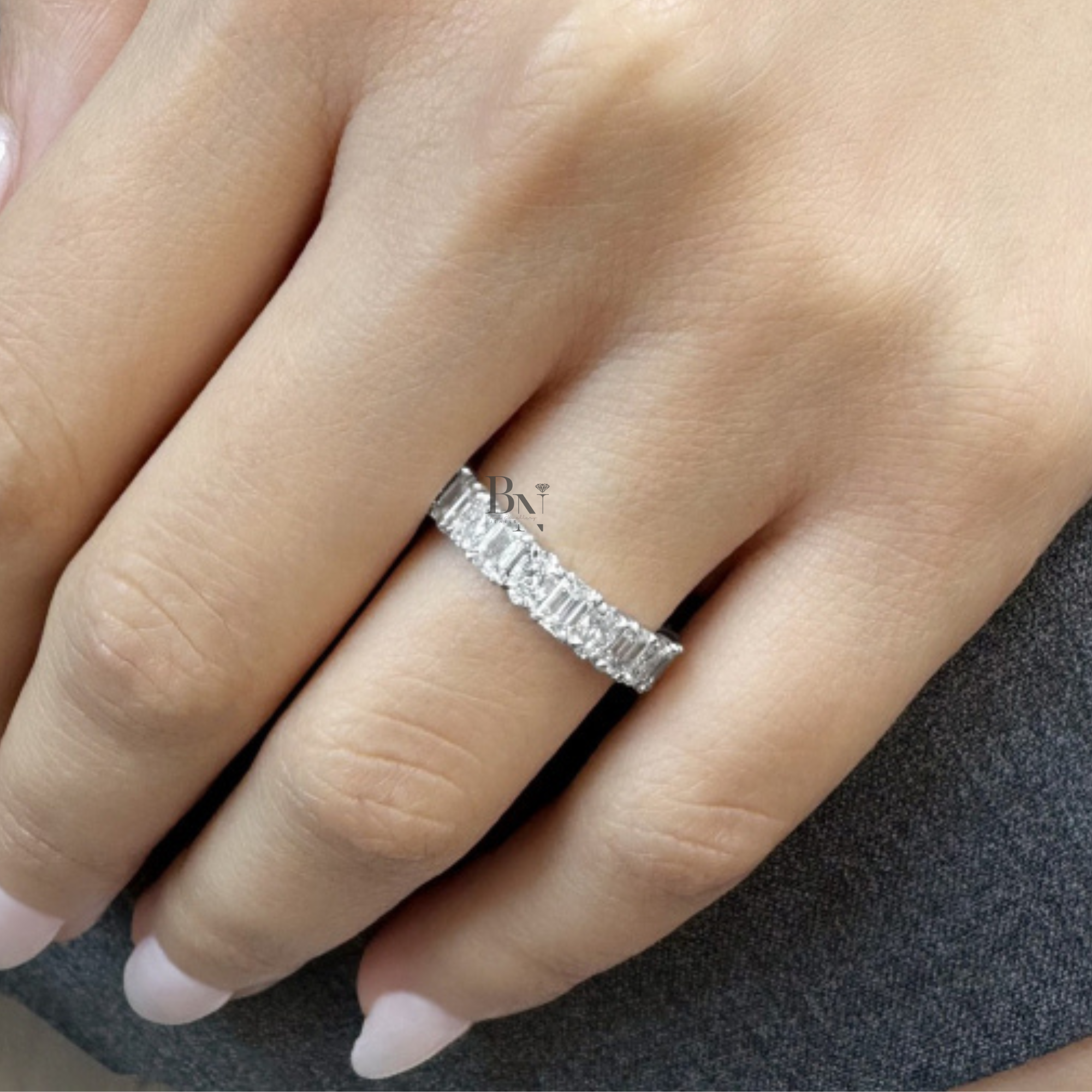 2.85CTW Alternating Oval and Emerald Lab Diamond Band, Mixed Shape Full Eternity Ring, 14K Gold Wedding Band