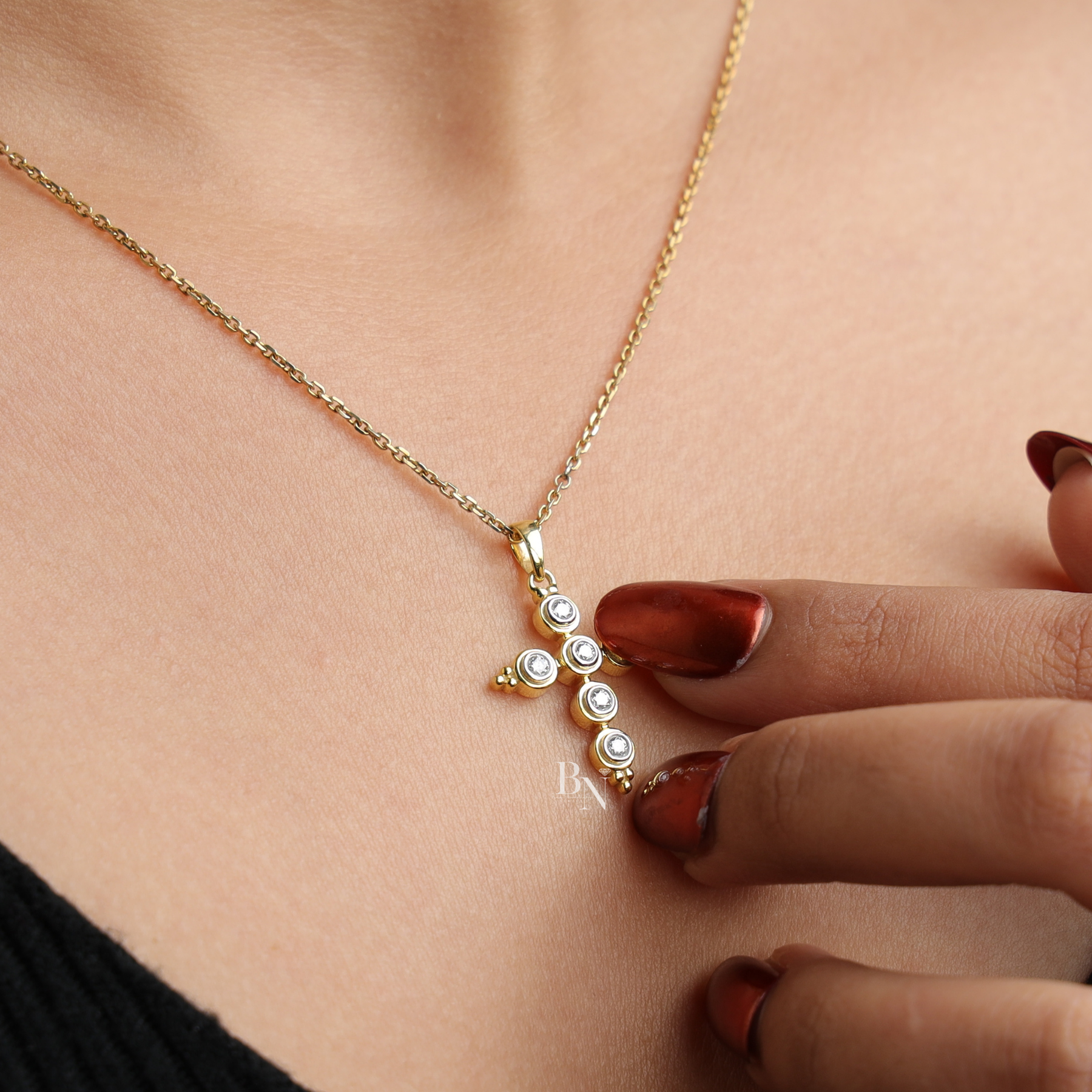 0.30ct Lab Grown Diamond Cross Necklace, Round Bezel Set Pendant, Dainty Religious Layering Jewelry