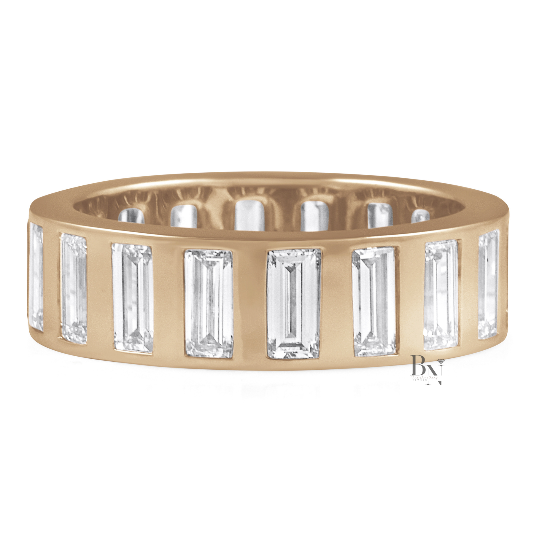 4CTW Baguette Lab Diamond Mens Wedding Band, Wide 6.6mm Flush Set Eternity Ring, 14K Gold Statement Band
