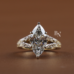 3ct Marquise Cut Lab Grown Diamond Engagement Ring, Vintage Filigree Yellow Gold Solitaire Ring