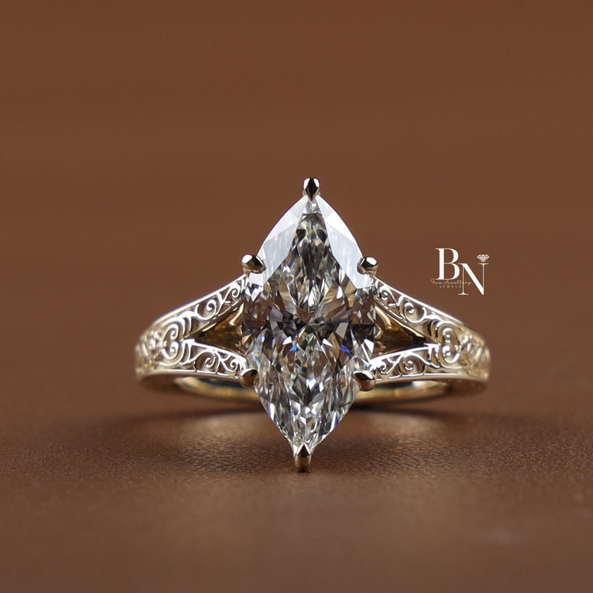 3ct Marquise Cut Lab Grown Diamond Engagement Ring, Vintage Filigree Yellow Gold Solitaire Ring