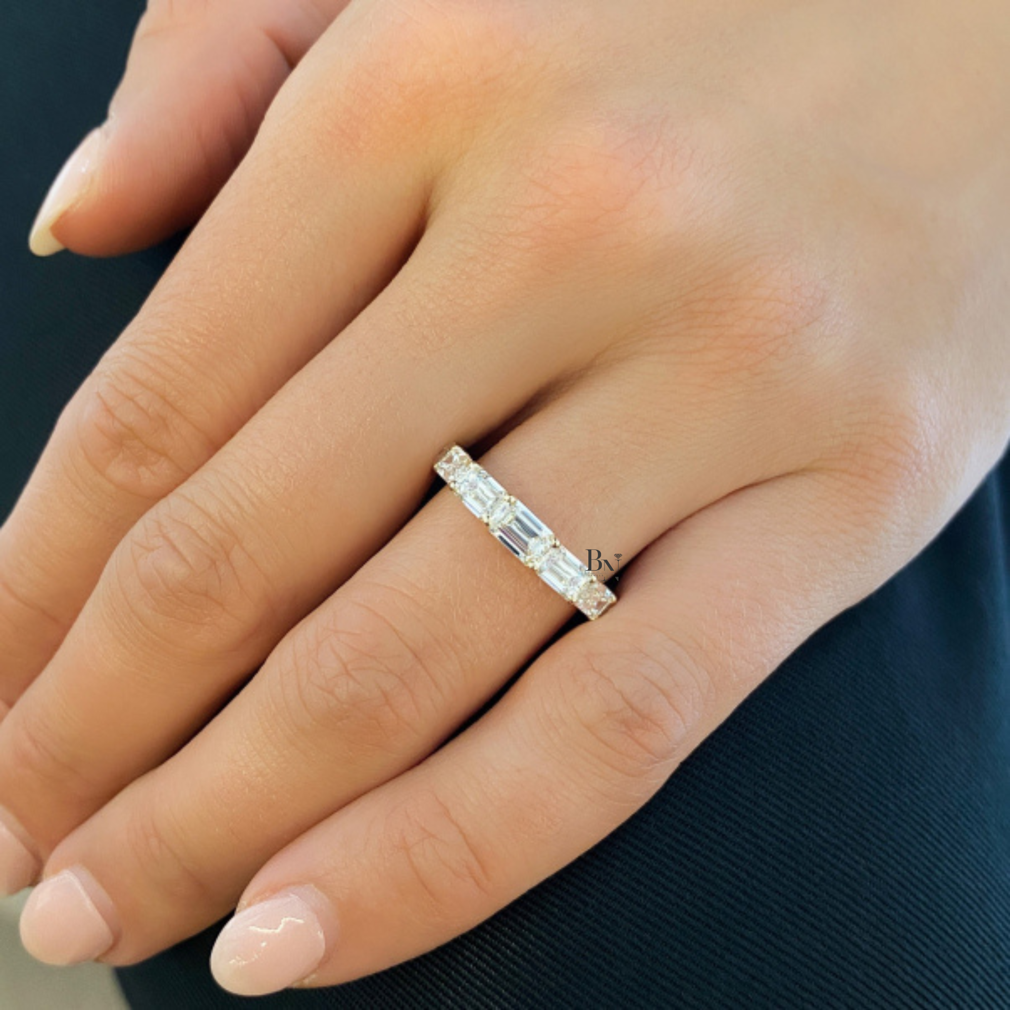 2.80ct East West Emerald Cut Eternity Band, Graduated Lab Diamond Wedding Ring, 14K Gold