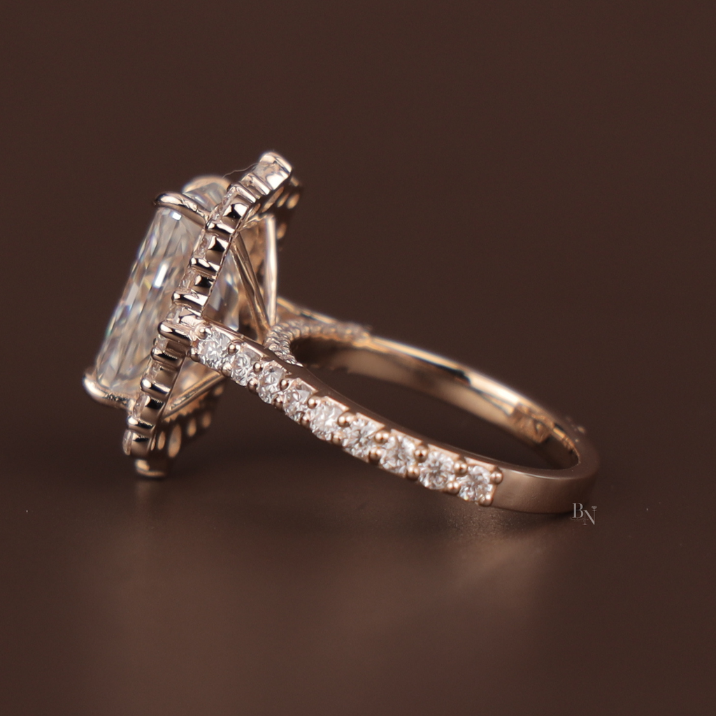 3.5ct Radiant Cut Lab Grown Diamond Engagement Ring | Hidden Halo Rose Gold Bridal Ring | 14K Rose Gold Pave Band | Type IIa Promise Ring