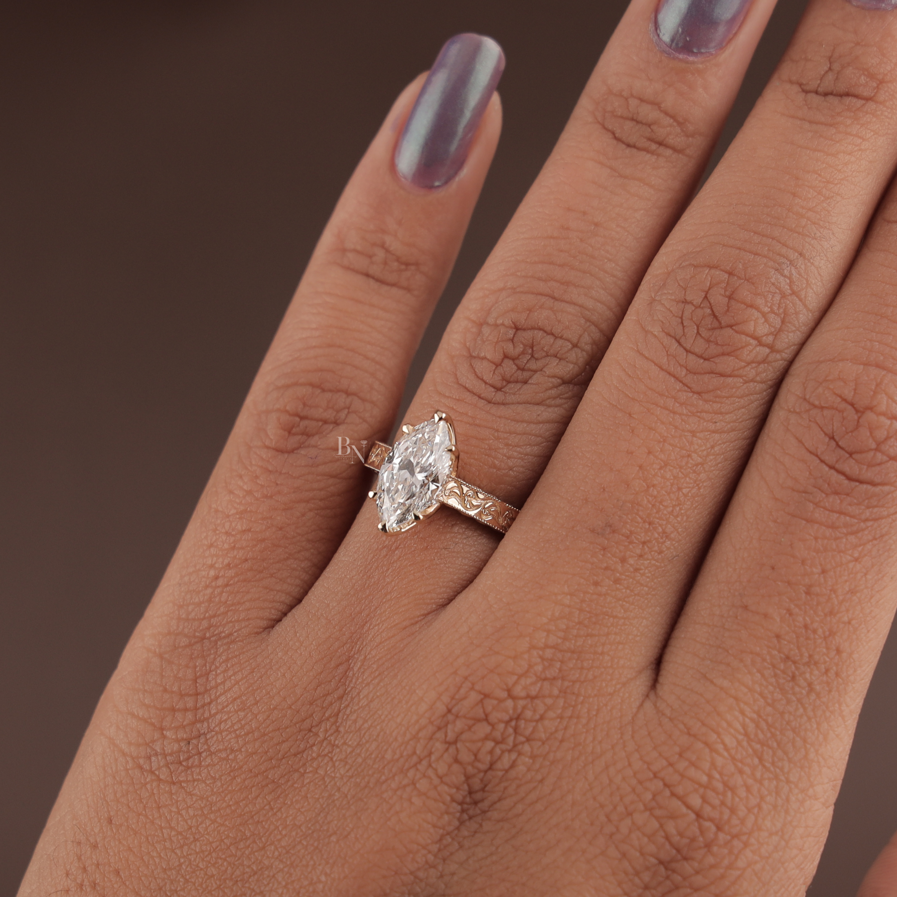 2ct Marquise Lab Grown Diamond Engagement Ring | Vintage Deco Filigree Hidden Halo 14K Rose Gold