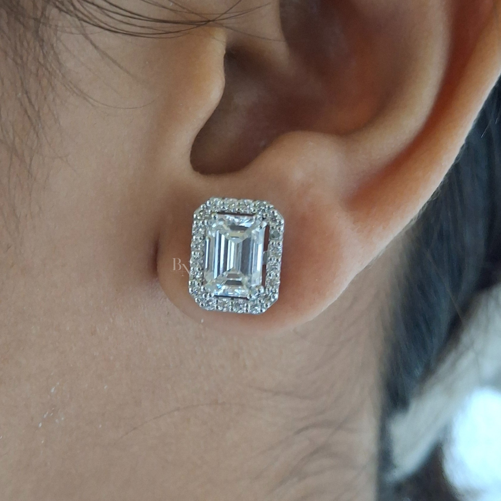3 carat Emerald Cut Lab Grown Diamond Studs | 2-in-1 Convertible Halo Earrings | 14K White Gold | IGI Certified  | Screw Back Jewelry