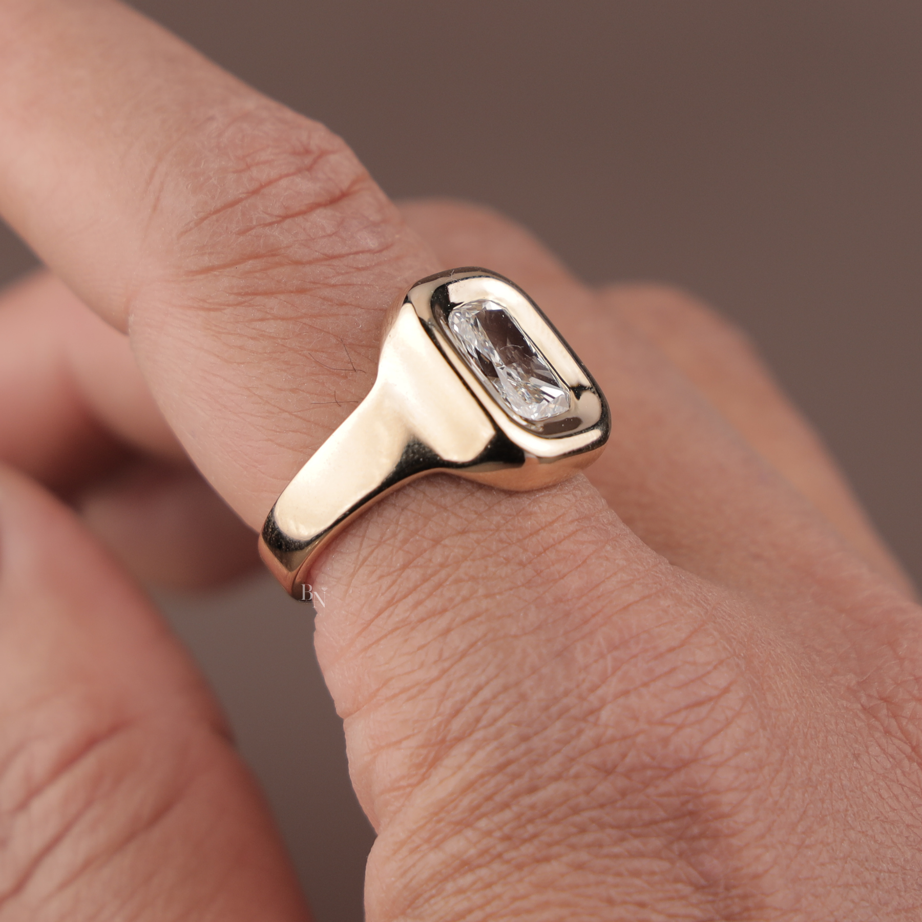 2ct Radiant Cut Lab Grown Diamond Engagement Ring | Bezel Set Signet 14K Yellow Gold