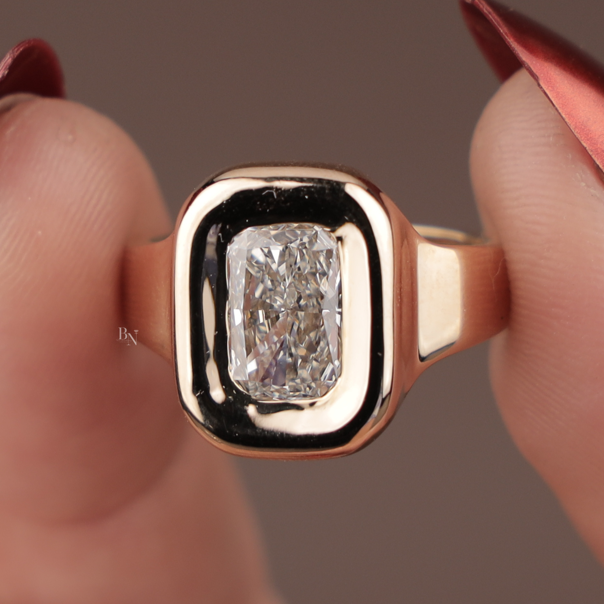 2.0ct Radiant Cut Lab Grown Diamond Engagement Ring | 14K Yellow Gold Bezel Set Signet Ring | Modern Statement Bridal Band | IGI Certified