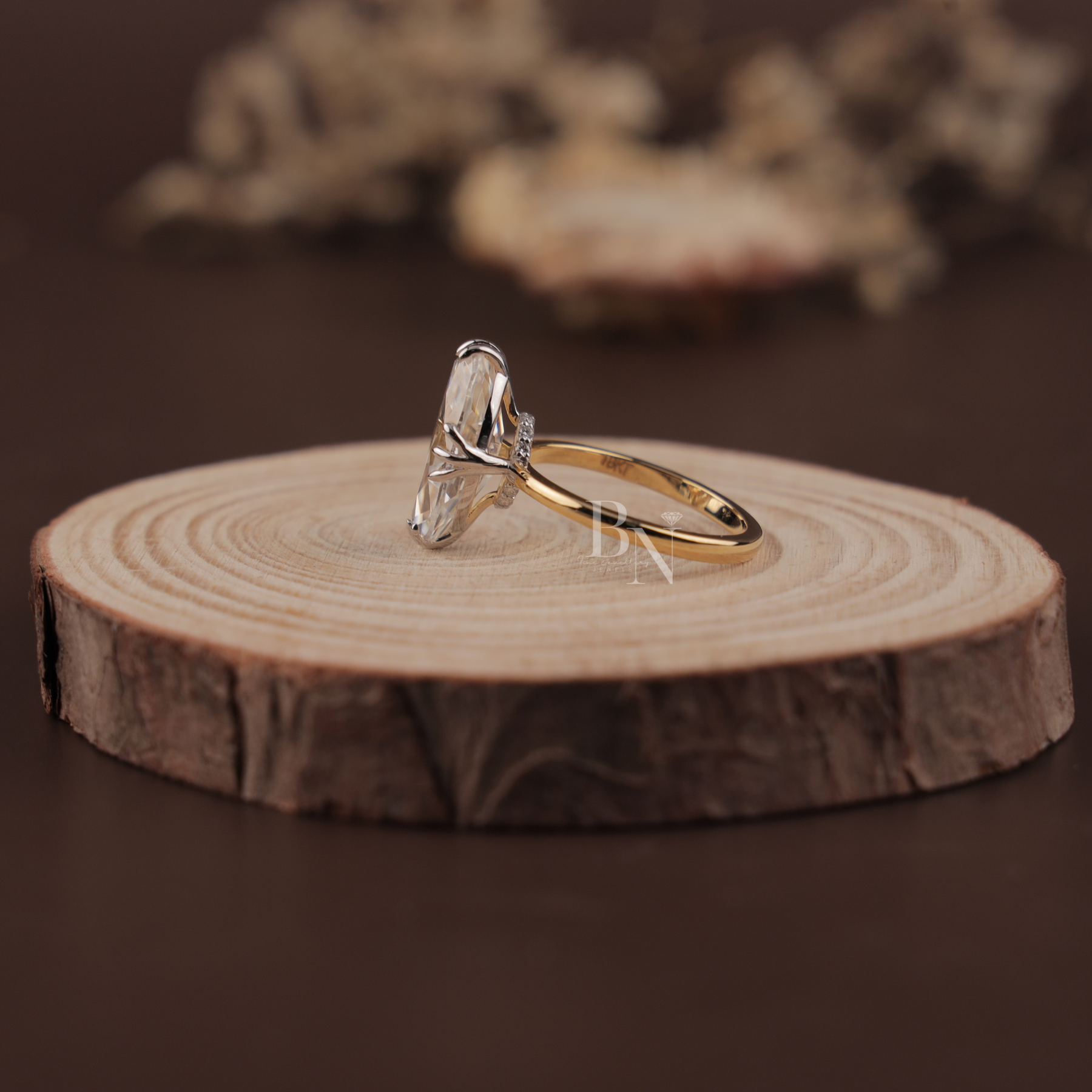 3ct Old Mine Moval Lab Grown Diamond Engagement Ring | Two Tone Hidden Halo Claw Prong 14K Gold