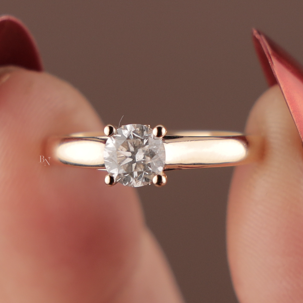 Round Brilliant Cut Lab Grown Diamond Engagement Ring | Hidden Halo Pave Band | 14K Gold Solitaire | IGI Certified Jewelry | Bridal Ring