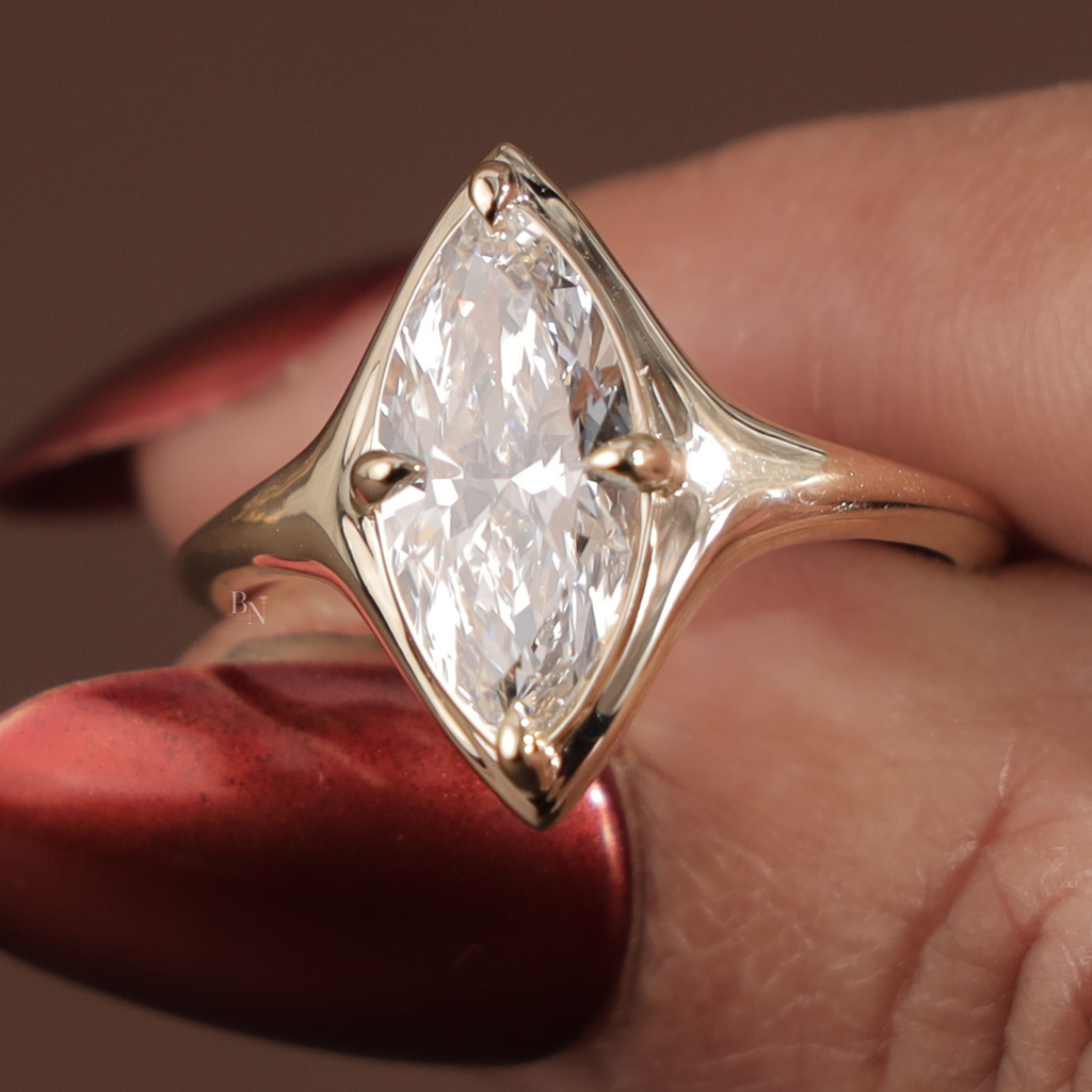 2.5ct Marquise Lab Grown Diamond Engagement Ring | 14K Yellow Gold Bezel Set Solitaire | Unique V Prong Bridal Ring | IGI Certified Jewelry