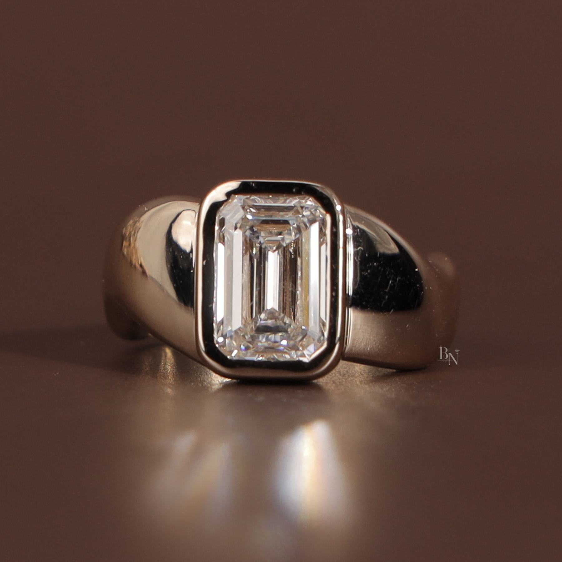 3ct Emerald Cut Lab Grown Diamond Engagement Ring | Bezel Set Signet 14K Yellow Gold
