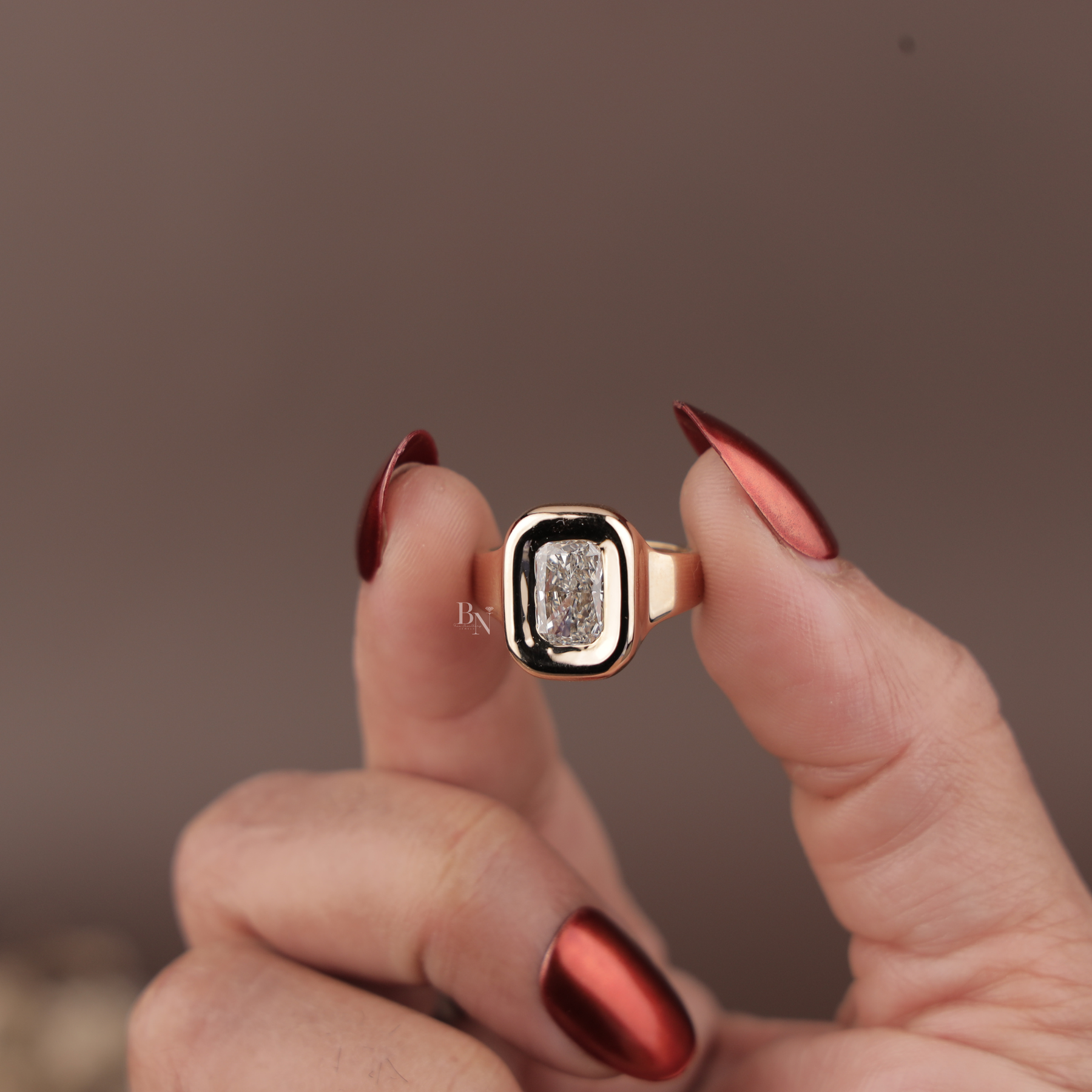 2ct Radiant Cut Lab Grown Diamond Engagement Ring | Bezel Set Signet 14K Yellow Gold