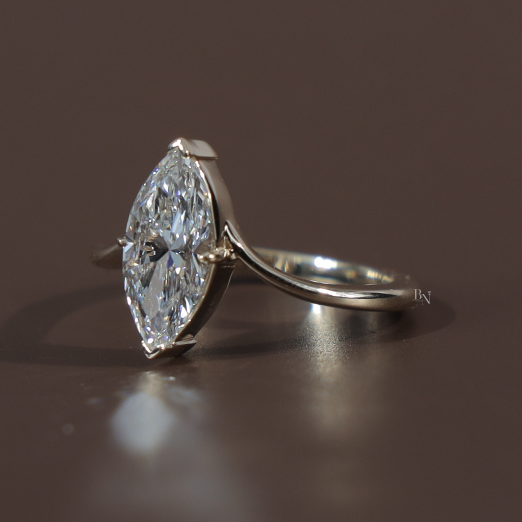 1.5 Carat Marquise Lab Grown Diamond Engagement Ring | Hidden Halo Solitaire | 14K Solid White Gold | Cathedral Pave Bridal Ring |