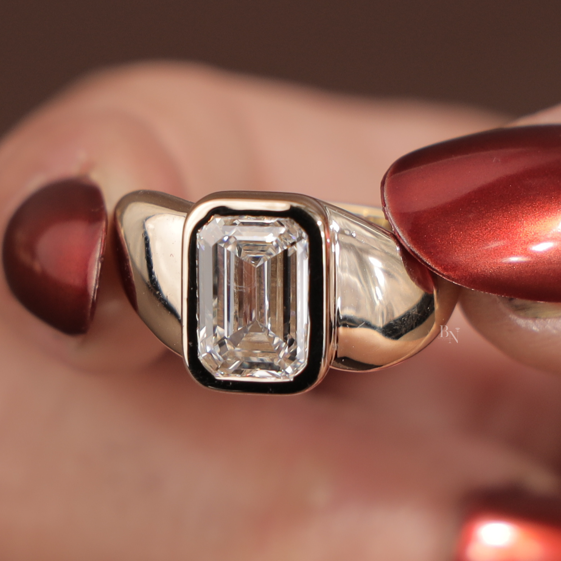 3ct Emerald Cut Lab Grown Diamond Engagement Ring | Bezel Set Signet 14K Yellow Gold
