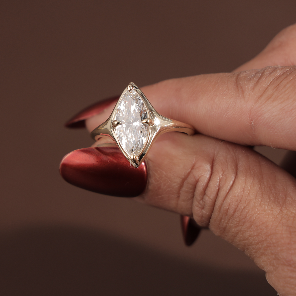 2.5ct Marquise Lab Grown Diamond Engagement Ring | 14K Yellow Gold Bezel Set Solitaire | Unique V Prong Bridal Ring | IGI Certified Jewelry