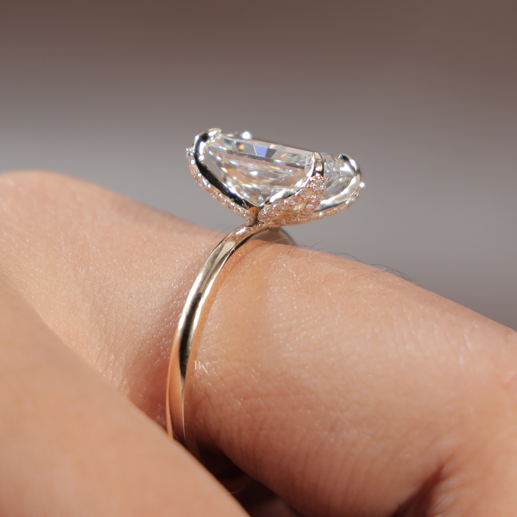 3.5ct Radiant Cut Lab Grown Diamond Engagement Ring | Hidden Halo Pave Bridge | 14K Yellow Gold Bridal Ring | Type IIa IGI Certified Diamond