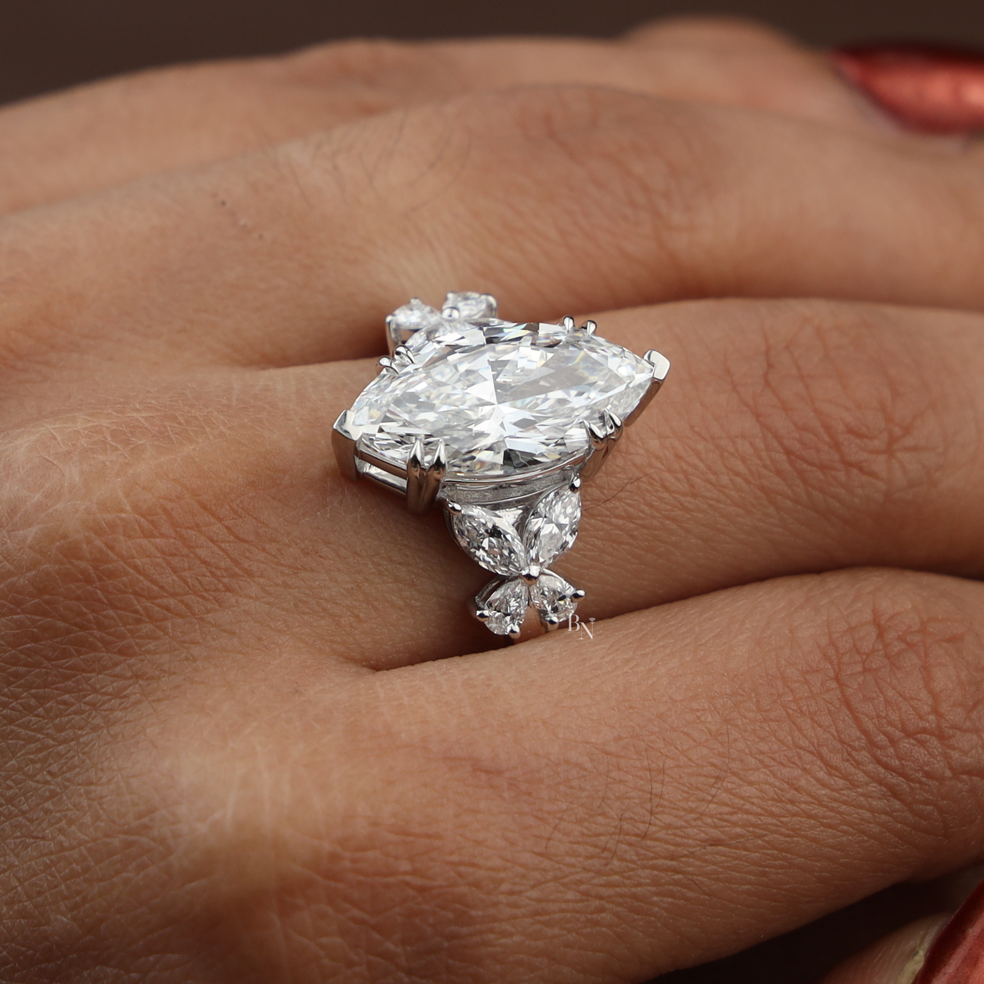 3.50ct Marquise Lab Grown Diamond Engagement Ring | Butterfly Side Stones | 14K White Gold V-Prong | IGI Certified Type IIa Bridal Jewelry