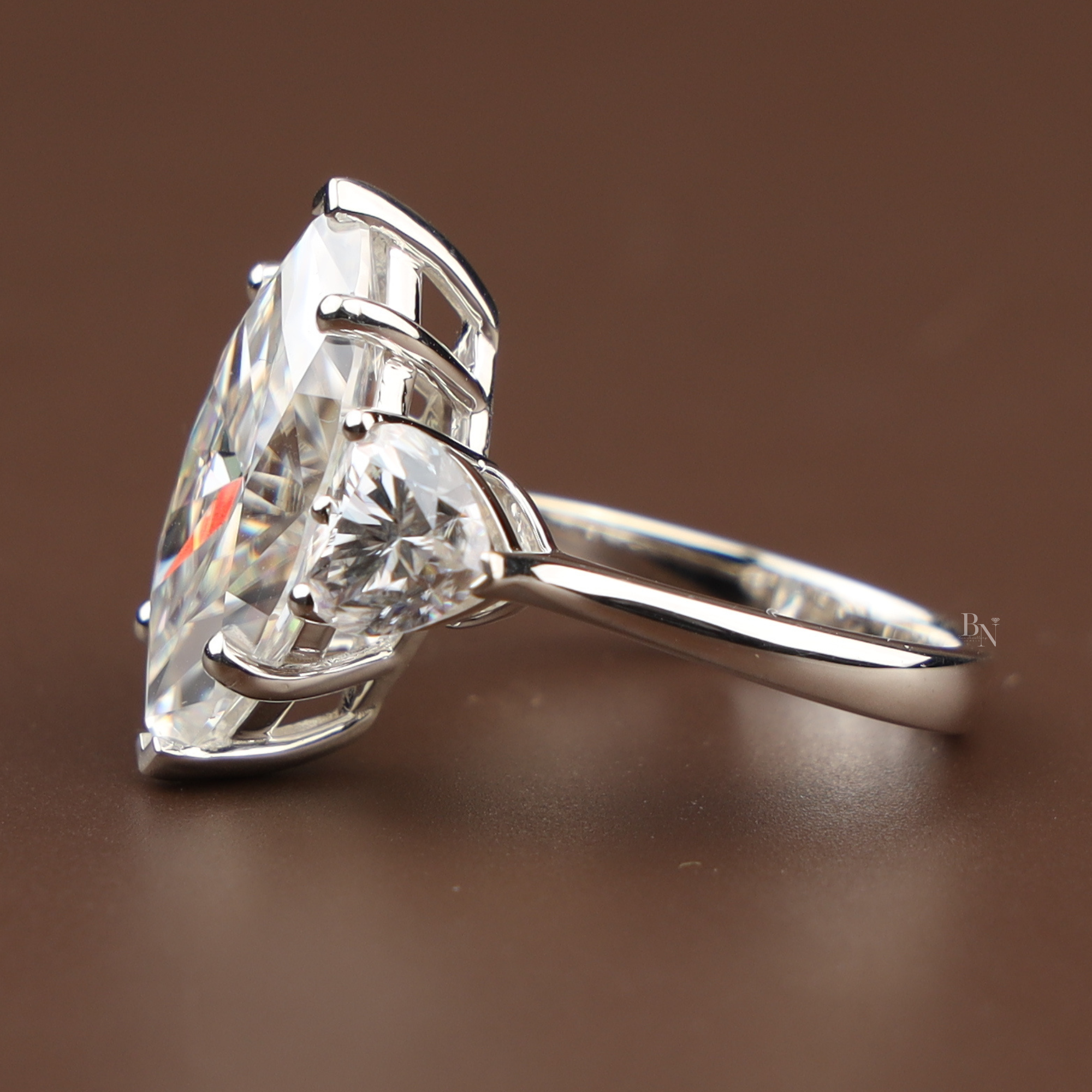 5.50ct Marquise Lab Grown Diamond Engagement Ring | Heart Side Stones | 14K White Gold Three Stone Ring | IGI Certified | V-Tip Solitaire