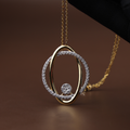 Front view of a 1.50 carat total weight lab grown diamond jewelry set featuring an interlocking oval pendant on a gold chain and matching halo stud earrings on a natural wood surface with 14k gold hallmark.