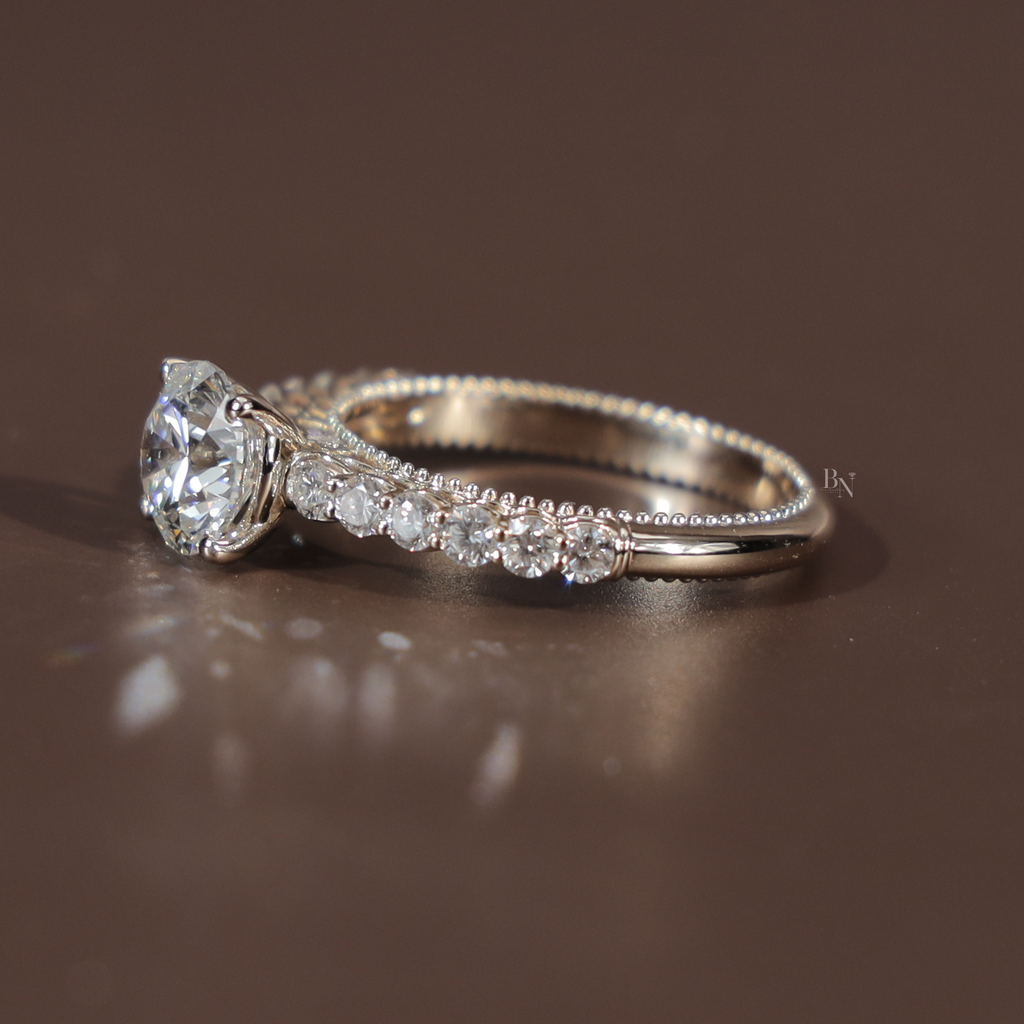 2ct Round Brilliant Lab Grown Diamond Engagement Ring | 14K Rose Gold Filigree Gallery | Pavé Diamond Band | Milgrain Vintage Bridal Ring