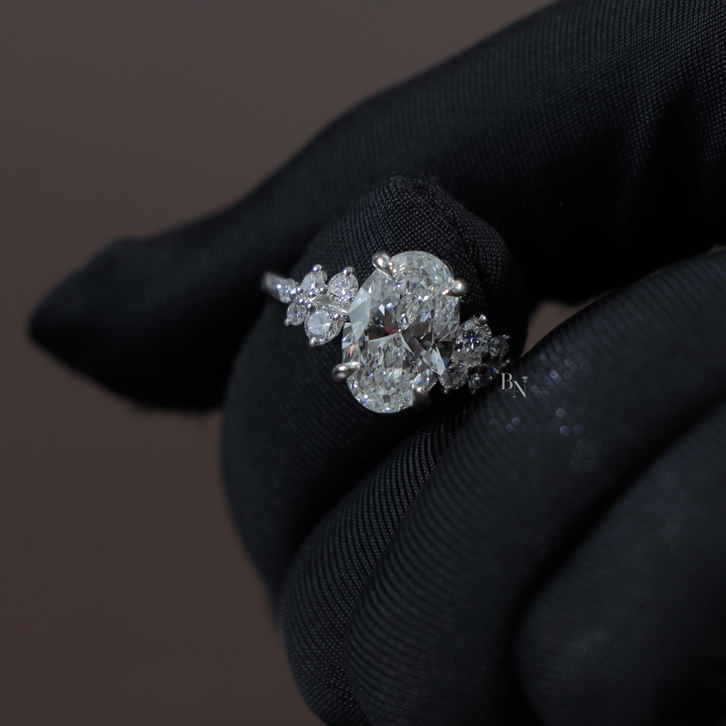 2 Carat Oval Lab Grown Diamond Engagement Ring | 14K White Gold Cluster Setting | IGI Certified | Unique Bridal Anniversary Ring |