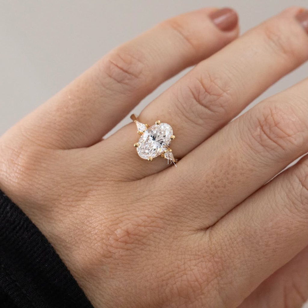 2.5ct Oval Lab Grown Diamond Engagement Ring | 14K Yellow Gold | Pear Side Stones | Three Stone Bridal Ring | (Copy)
