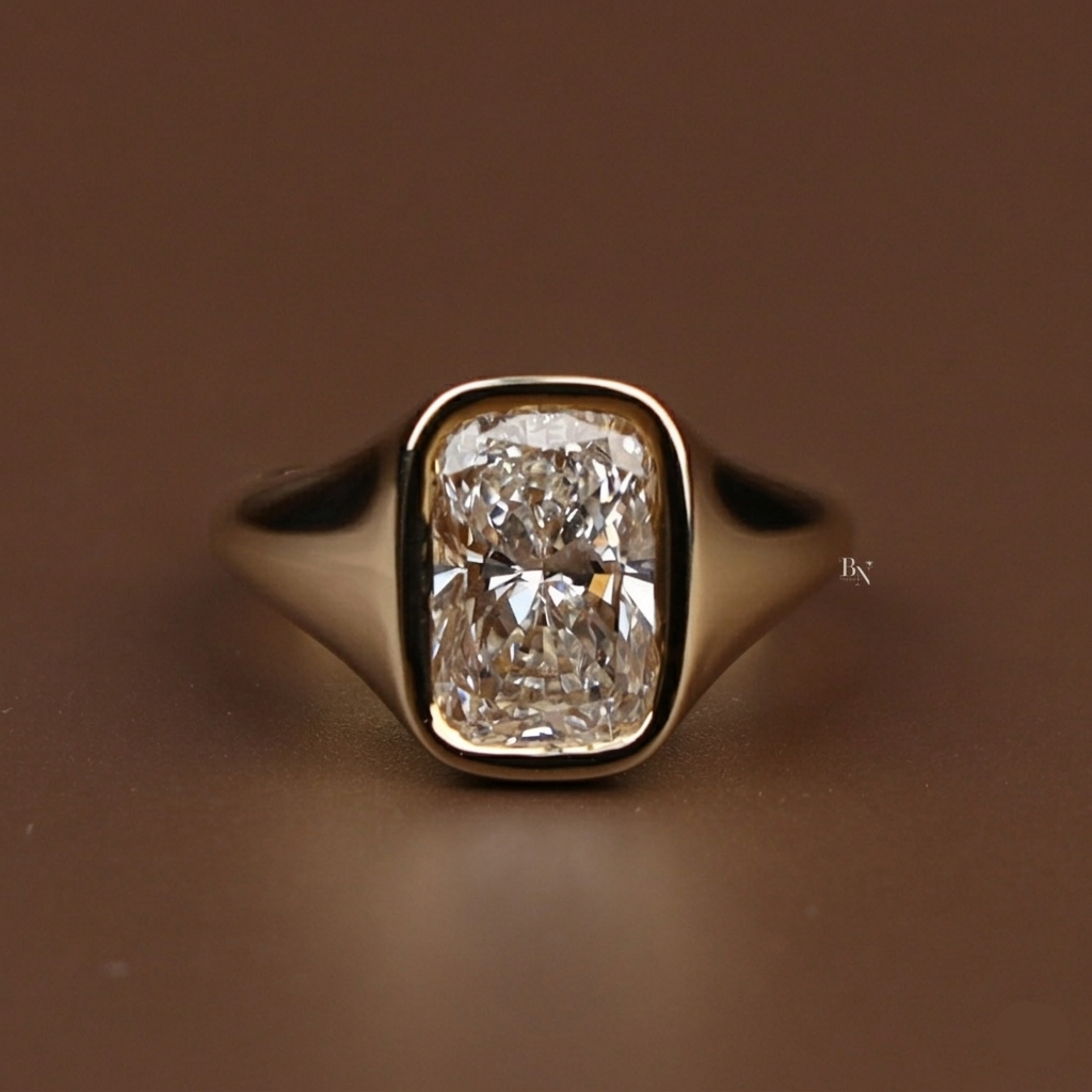 3ct Cushion Cut Lab Grown Diamond Engagement Ring | Bezel Set Signet 14K Yellow Gold