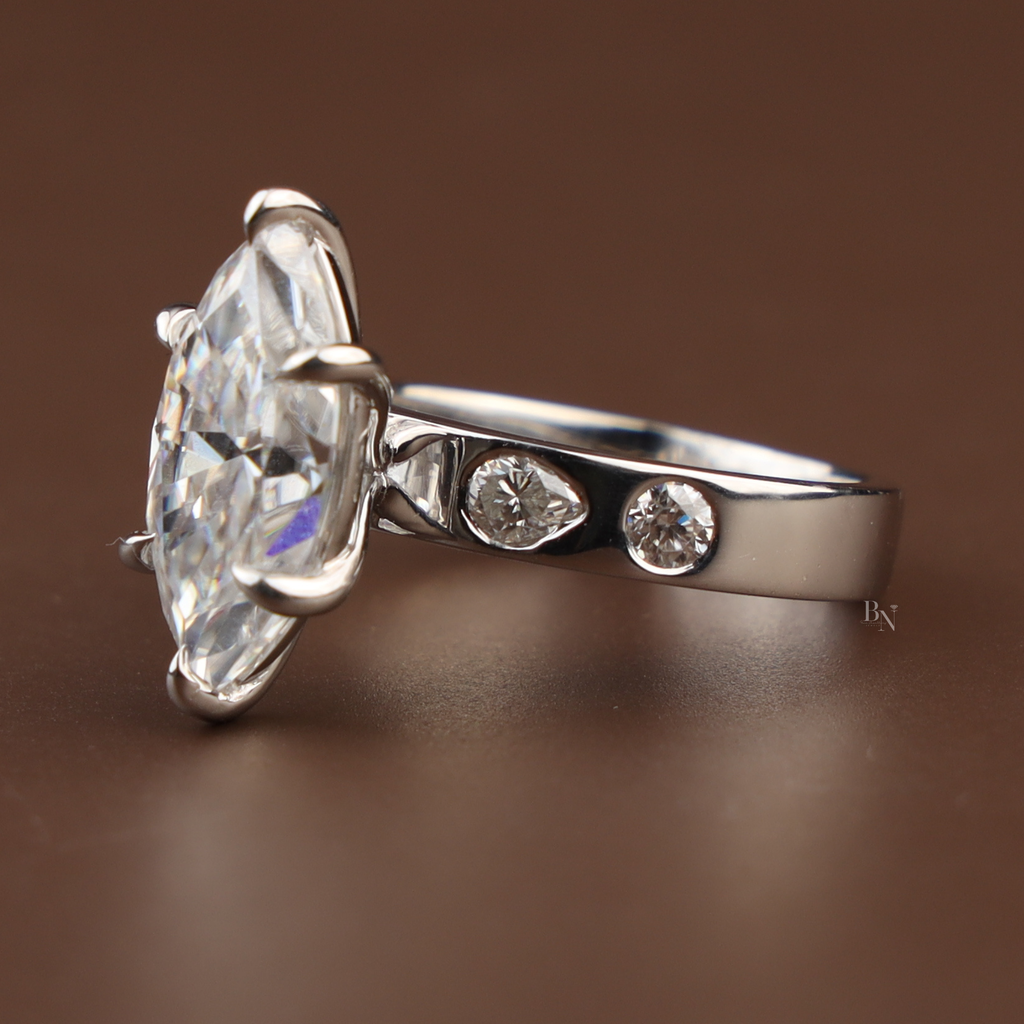 3ct Marquise Lab Grown Diamond Engagement Ring | 14K White Gold Six Prong V-Tip Solitaire | Unique Bezel Accent Band |