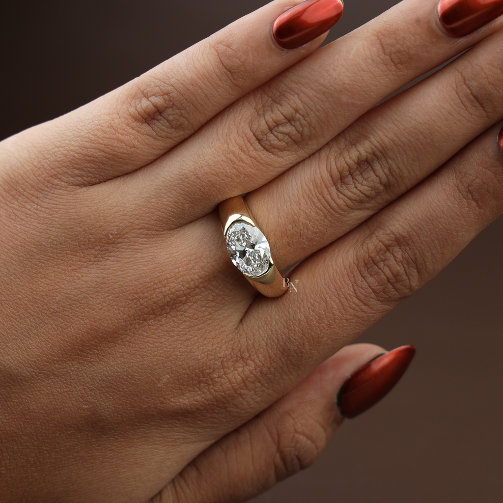 2.5ct East West Oval Lab Grown Diamond Engagement Ring | 14K Yellow Gold Half Bezel Signet Ring | IGI Certified Diamond | Modern Band