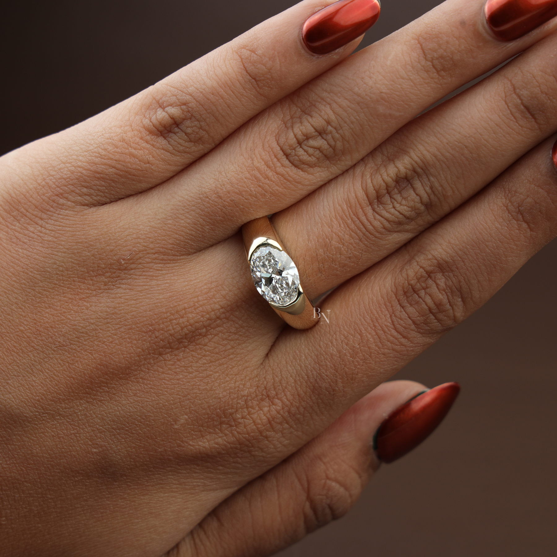 2.5ct East West Oval Lab Grown Diamond Engagement Ring | Half Bezel Signet 14K Yellow Gold