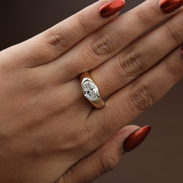 2.5ct East West Oval Lab Grown Diamond Engagement Ring | Half Bezel Signet 14K Yellow Gold