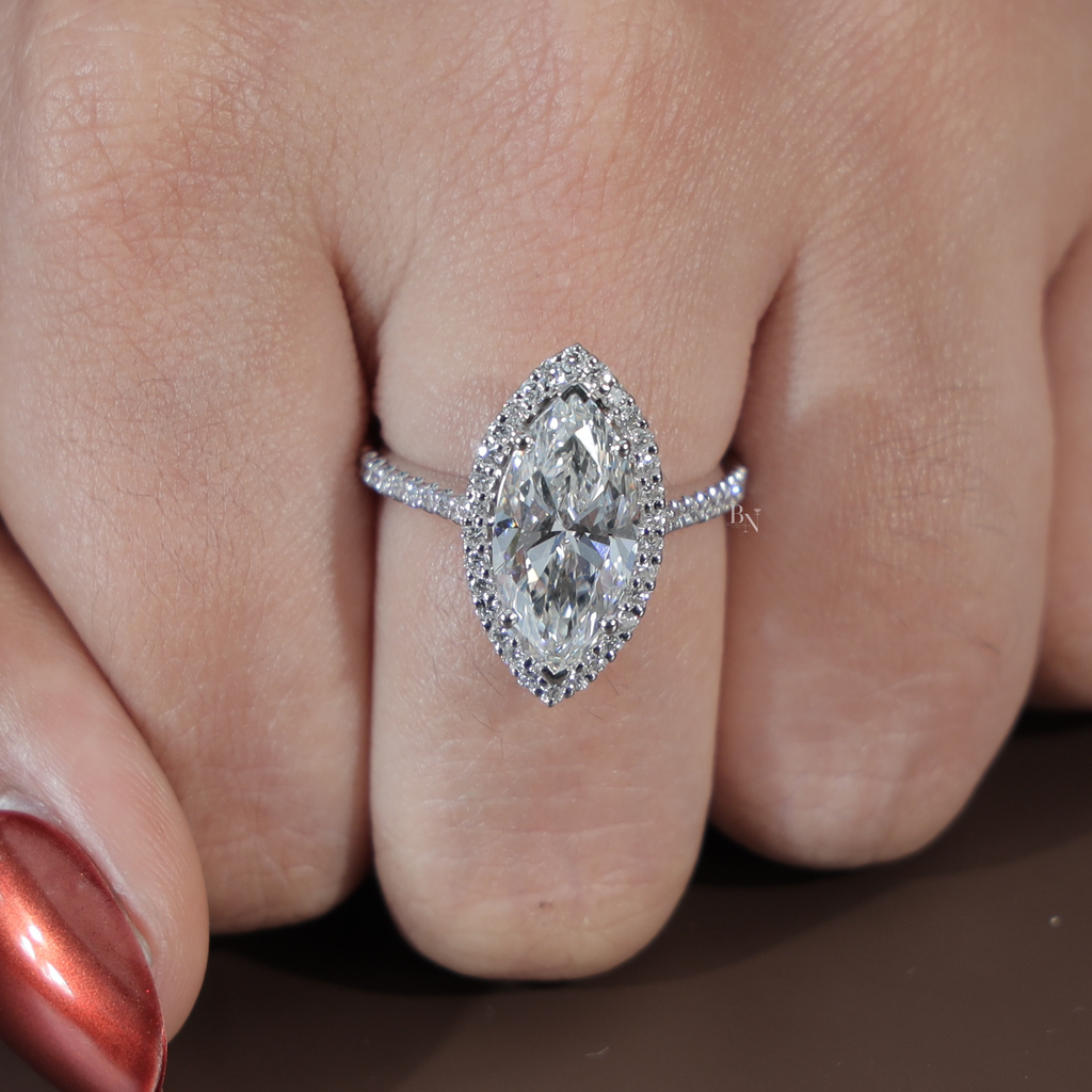 3ct Marquise Lab Grown Diamond Engagement Ring | 14K White Gold Halo | IGI Certified Type IIa Diamond | Pave Band Bridal Anniversary Ring