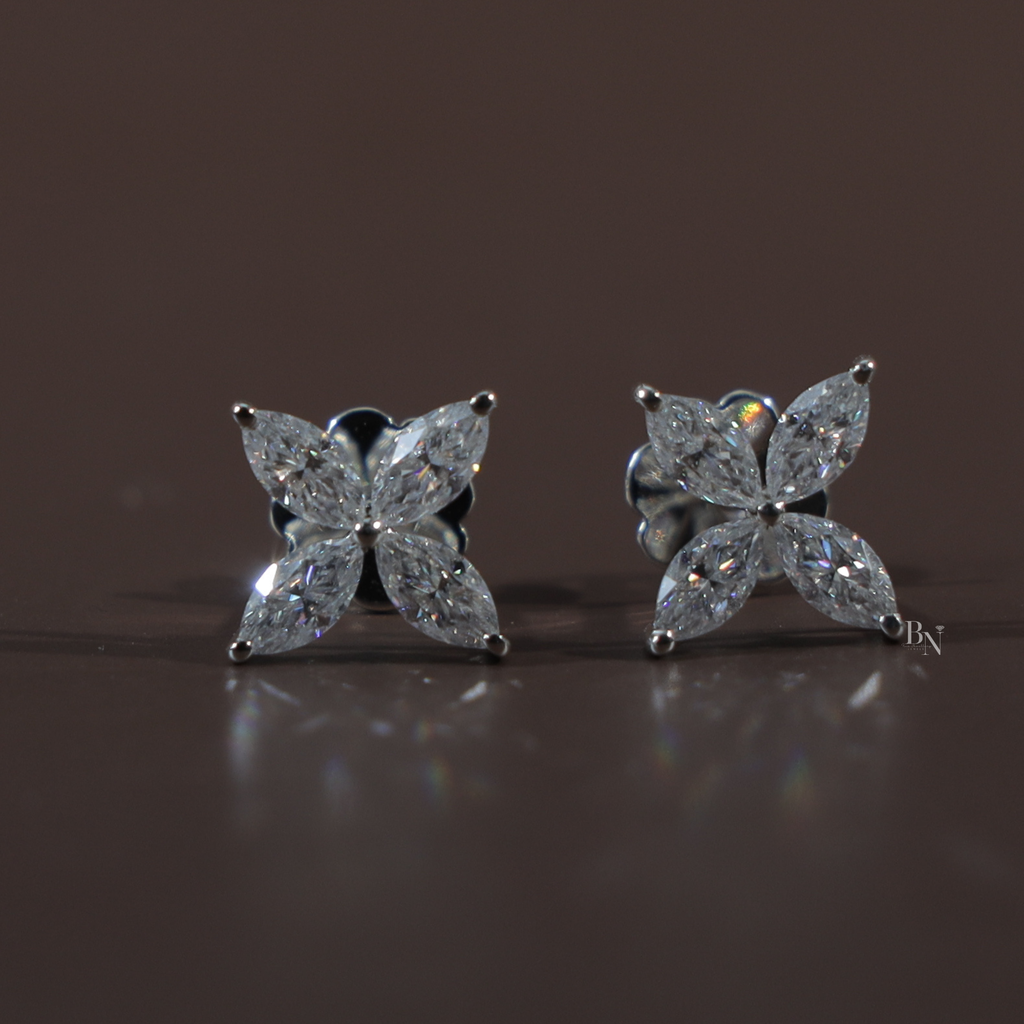 1.60 Carat Marquise Lab Grown Diamond Stud Earrings | 14K White Gold Floral Cluster Studs | IGI Certified Diamond | Secure Screw Back
