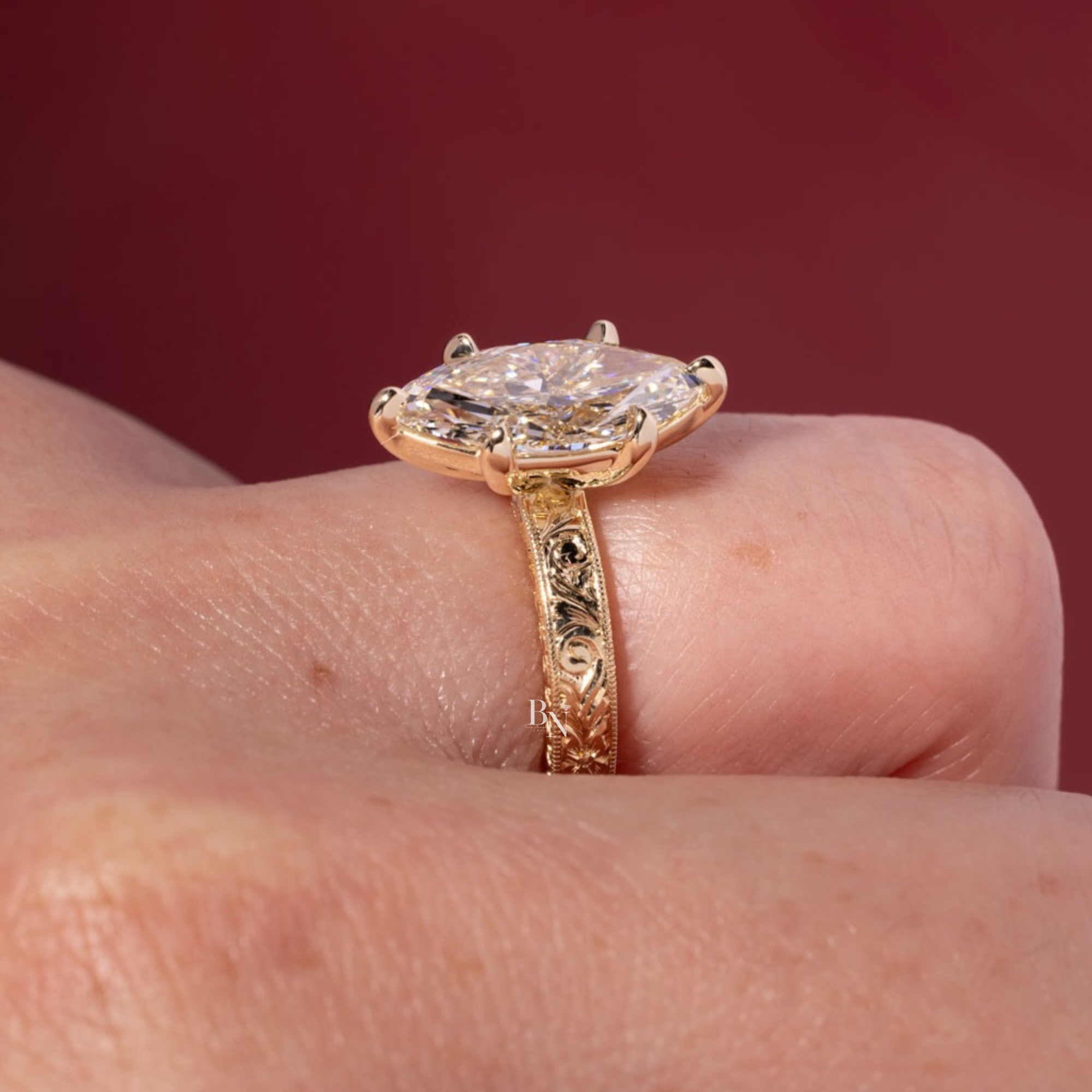 3ct Marquise Lab Grown Diamond Engagement Ring | 14K Yellow Gold | Vintage Hand Engraved Band | Art Deco Solitaire (photos of 3ct Ring)