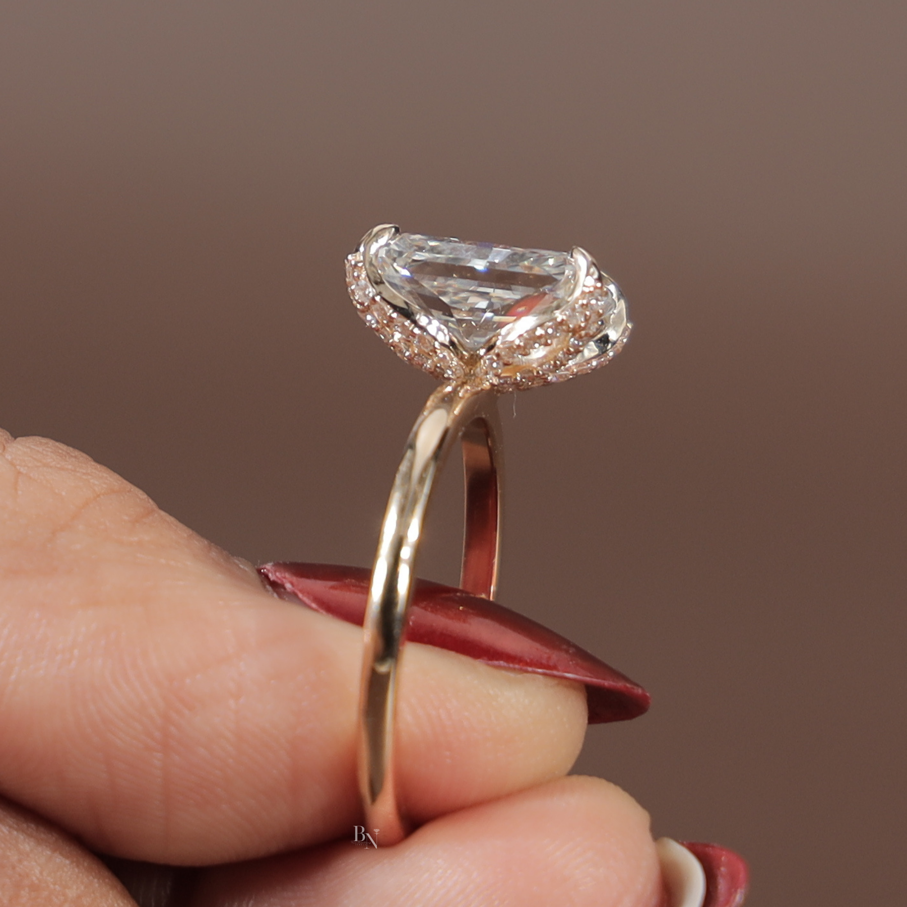 3.5ct Radiant Cut Lab Grown Diamond Engagement Ring | Hidden Halo Pavé Bridge 14K Yellow Gold